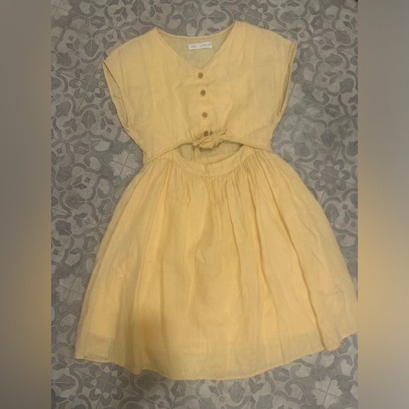 ZARA sz 11-12 years light yellow linen dress with front wait tie, button up - Picture 3 of 11